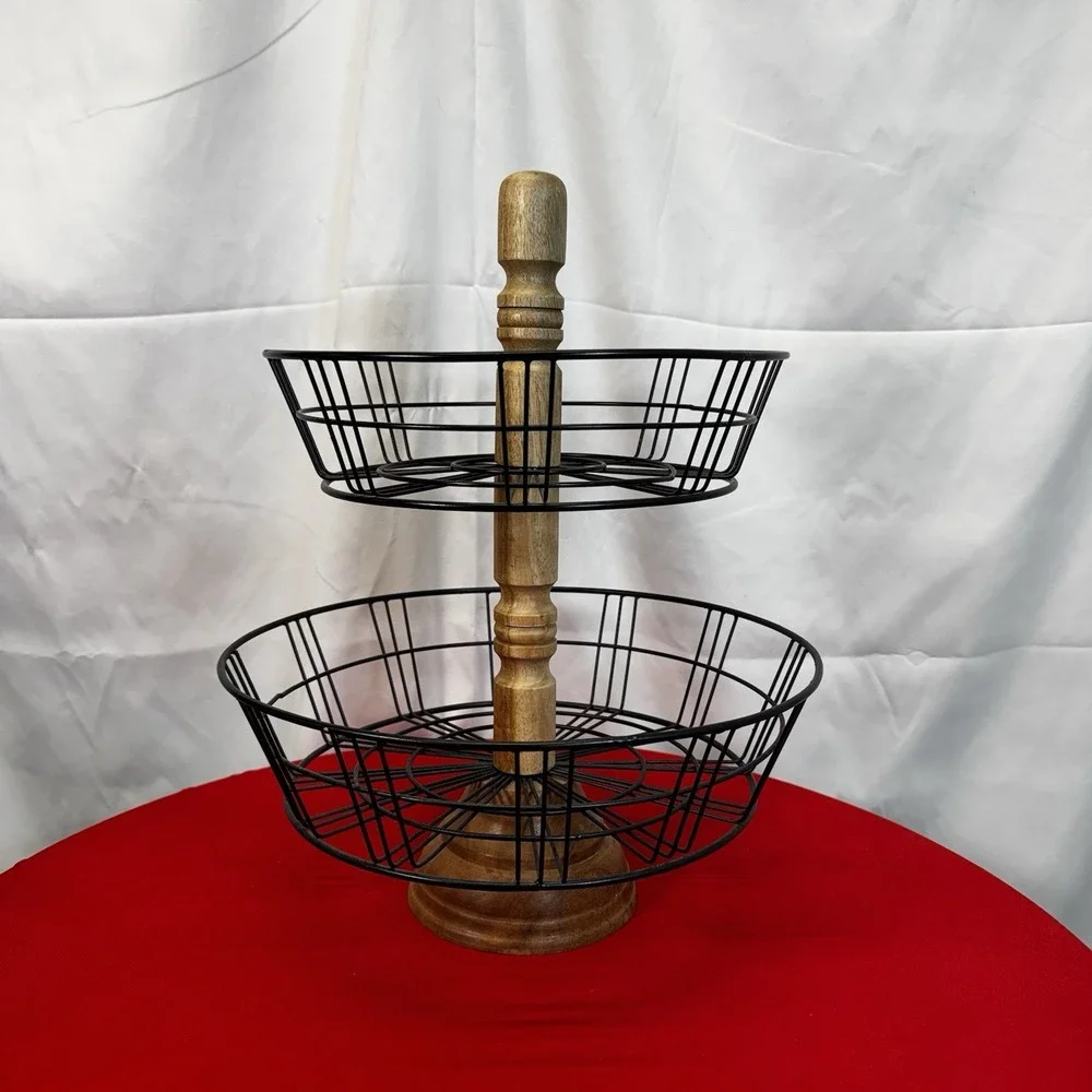 Fruit/Veg Basket 2‎ Tier Wood & Wire. Countertop Storage/Display